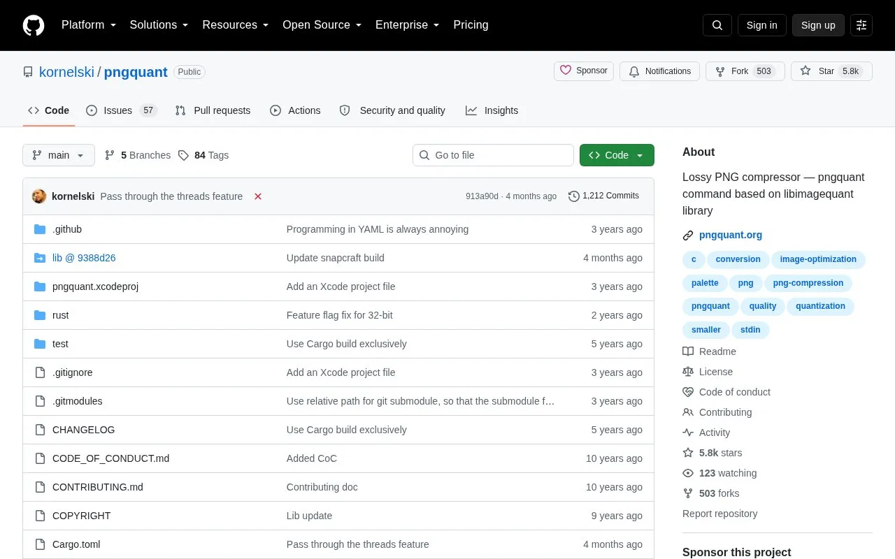 Pngquant homepage screenshot