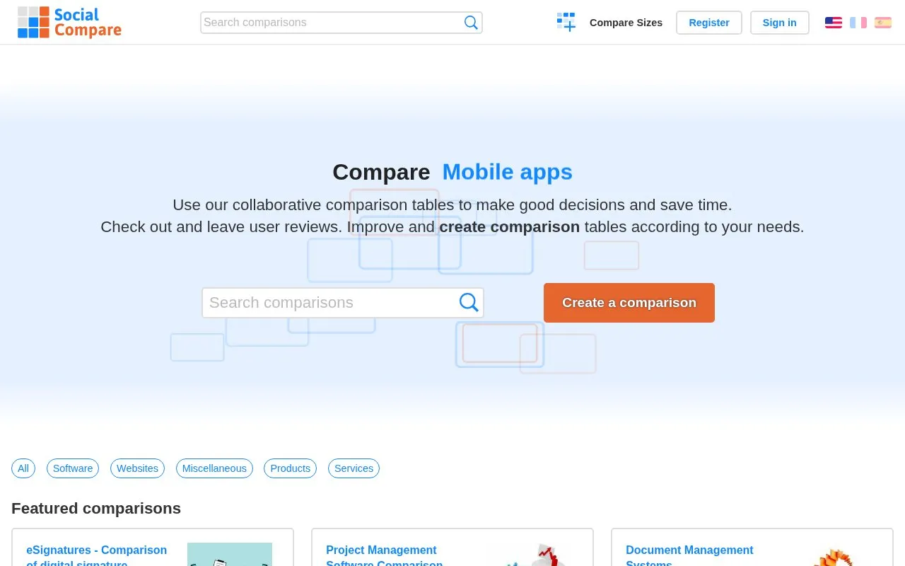 SocialCompare homepage screenshot