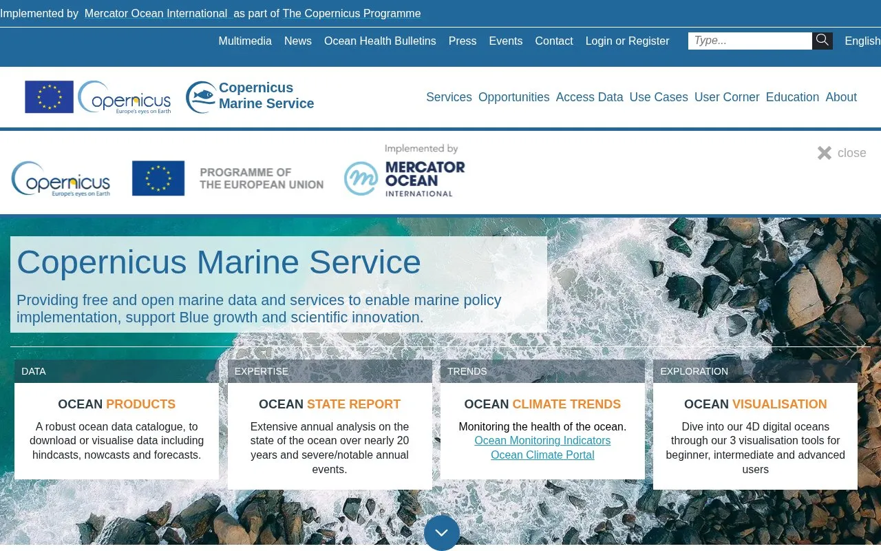 Copernicus Marine Environment Monitoring Service homepage screenshot