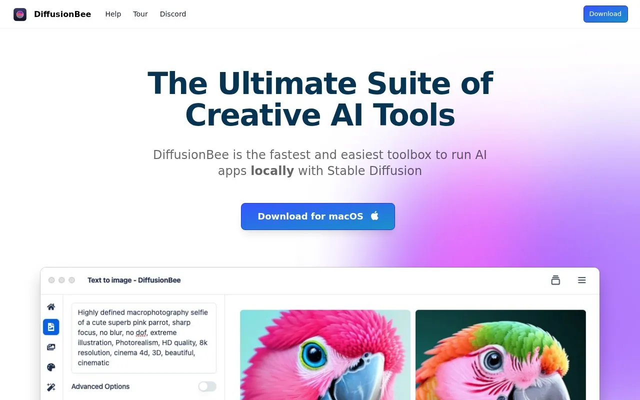 DiffusionBee homepage screenshot