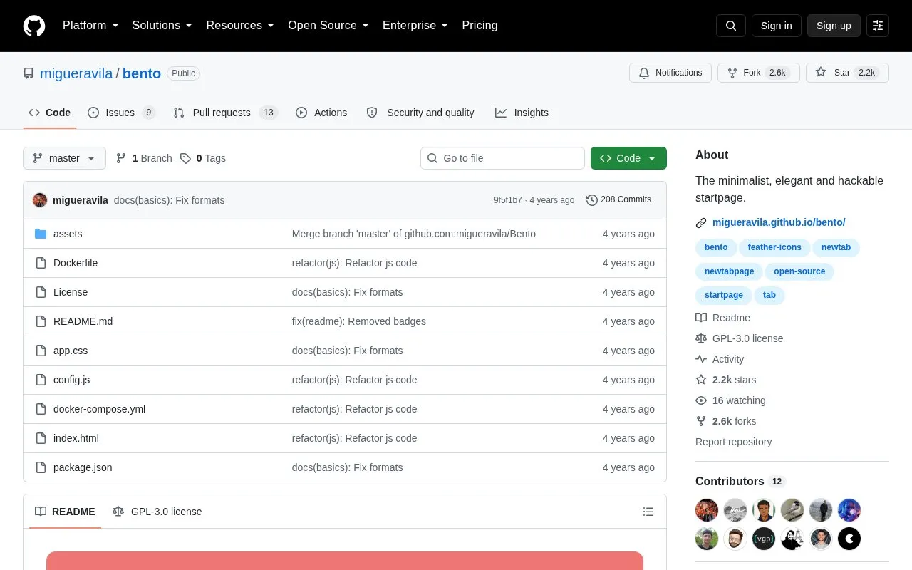 Bento homepage screenshot