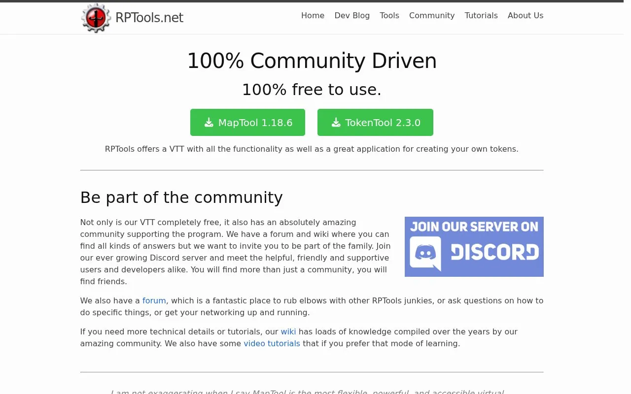 RPTools homepage screenshot
