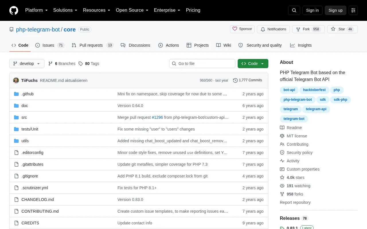 PHP Telegram Bot homepage screenshot