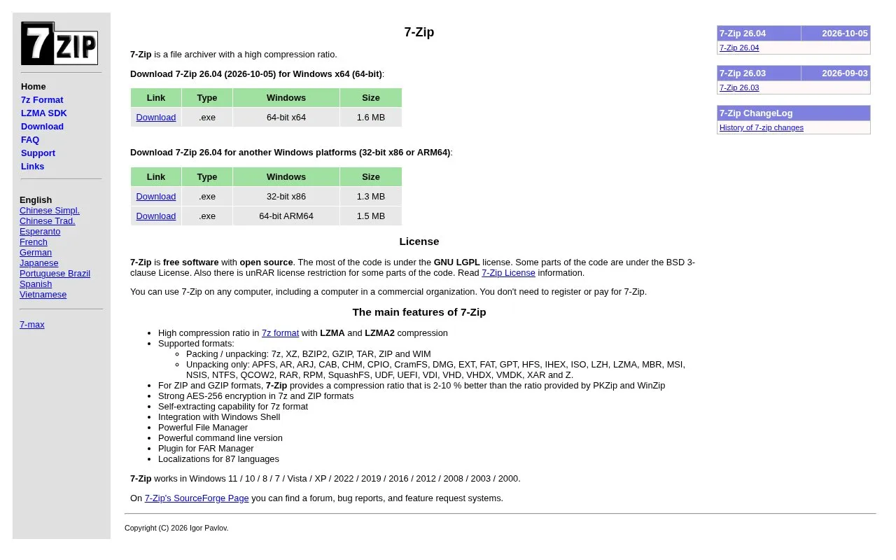 7-Zip homepage screenshot