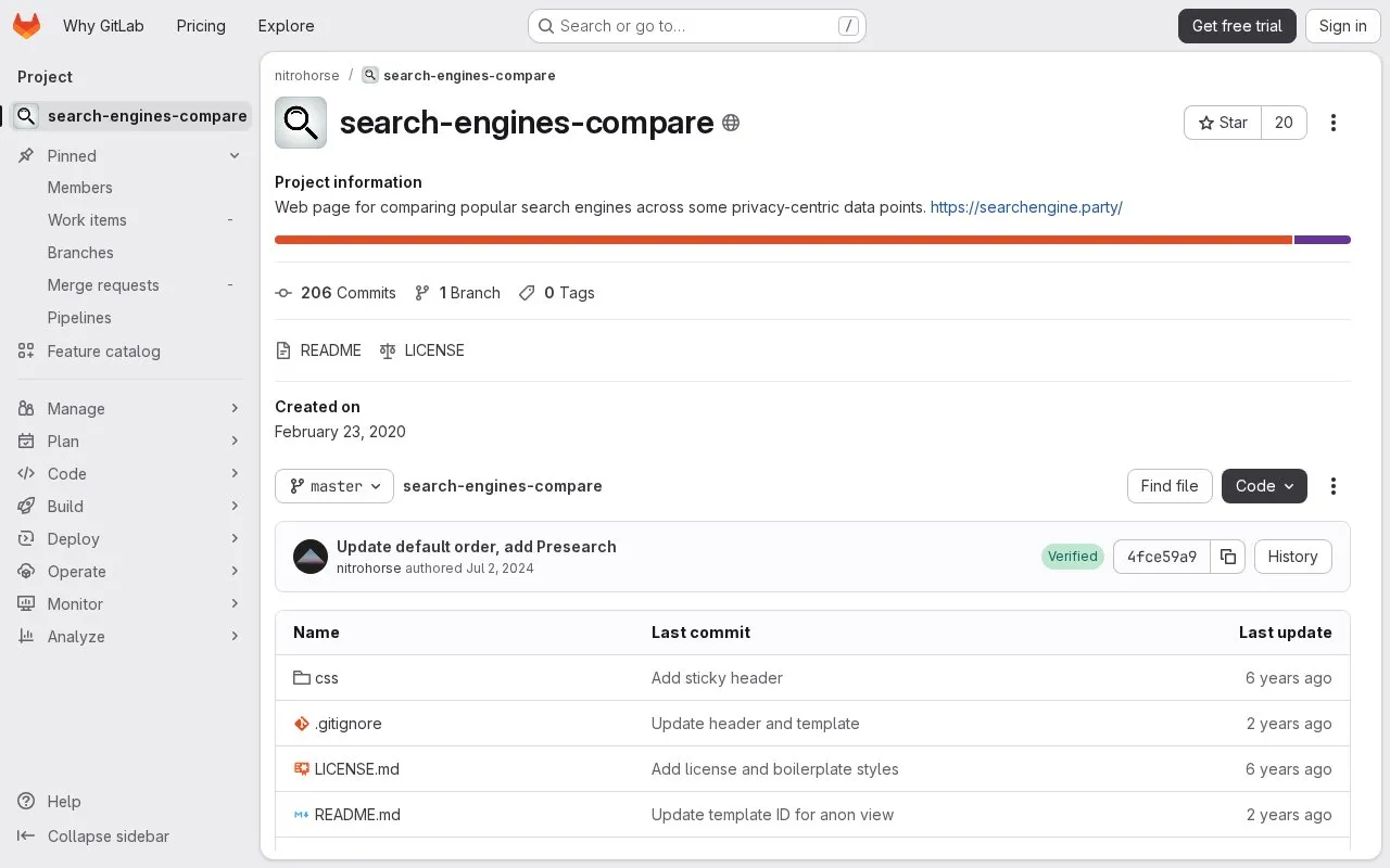 Search Engines Compare homepage screenshot