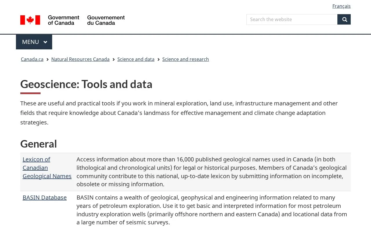 Natural Resources Canada Earth Sciences Data homepage screenshot
