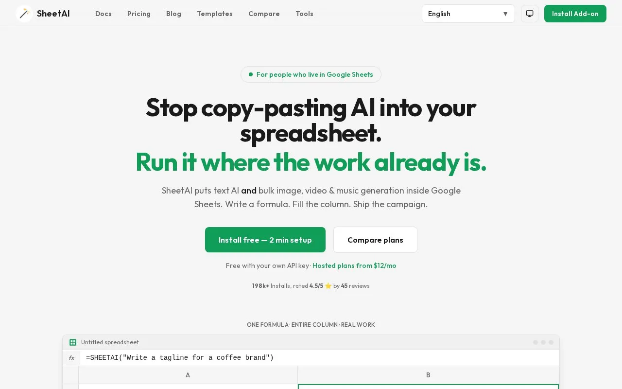 SheetAI homepage screenshot