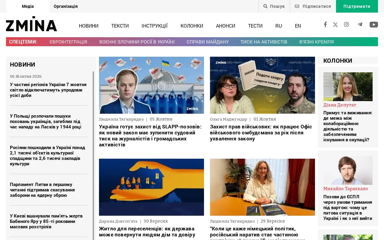 ZMINA.info homepage screenshot