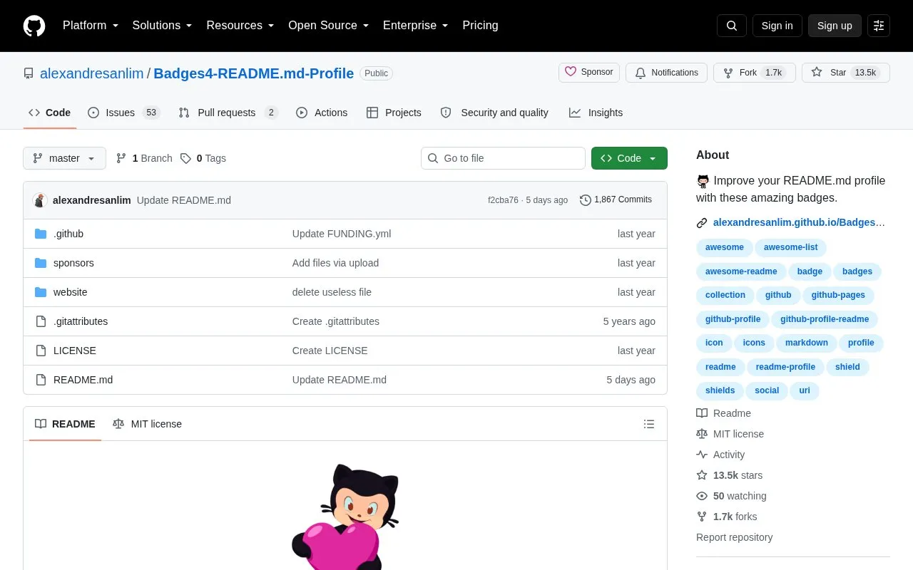 Badges 4 README homepage screenshot
