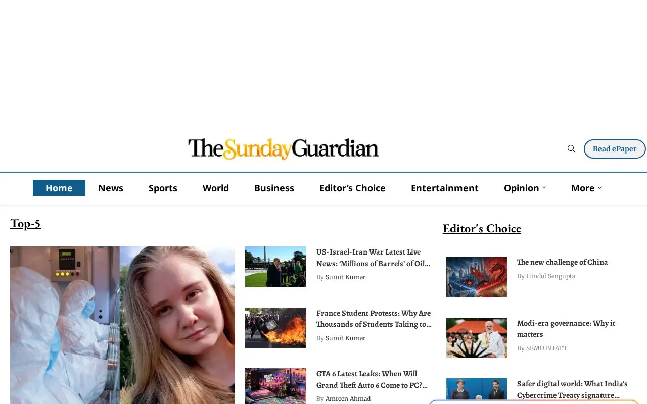 The Sunday Guardian homepage screenshot