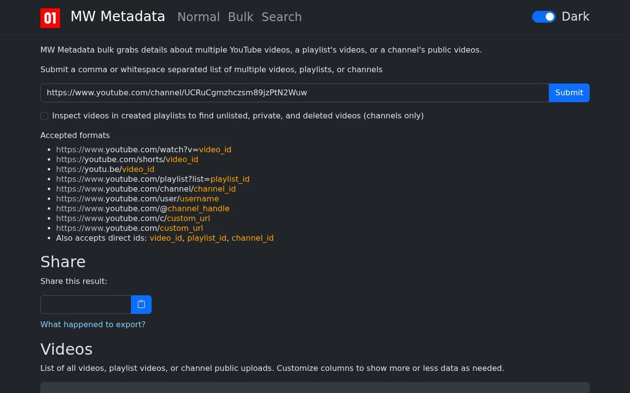 YouTube Metadata Bulk homepage screenshot