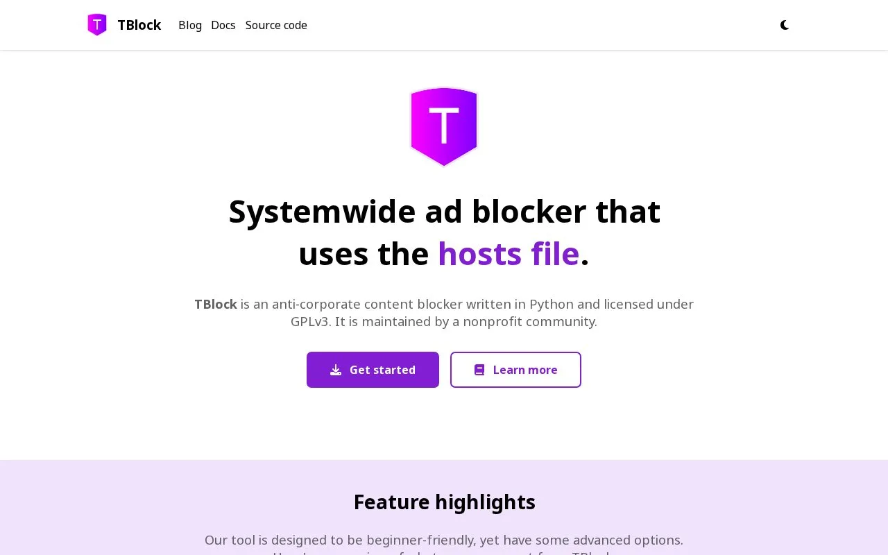 TBlock homepage screenshot