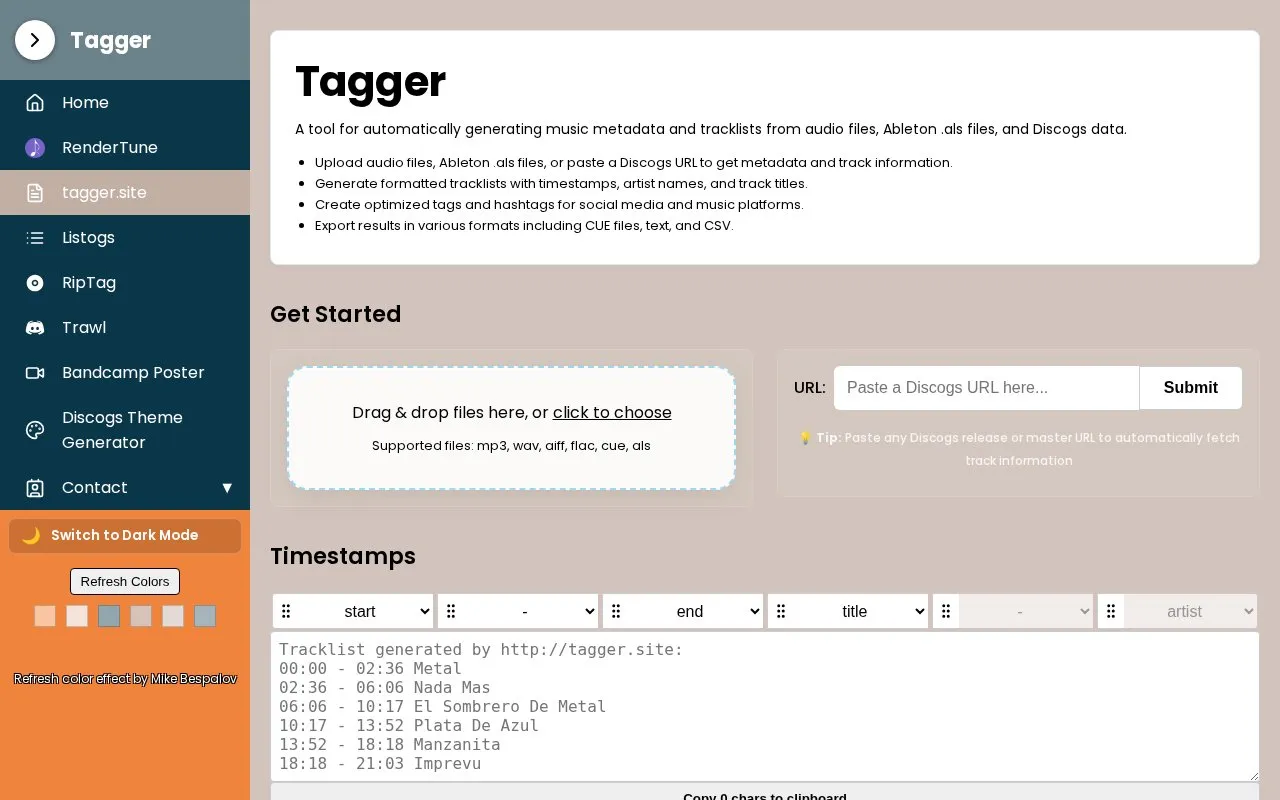 Timestamps homepage screenshot