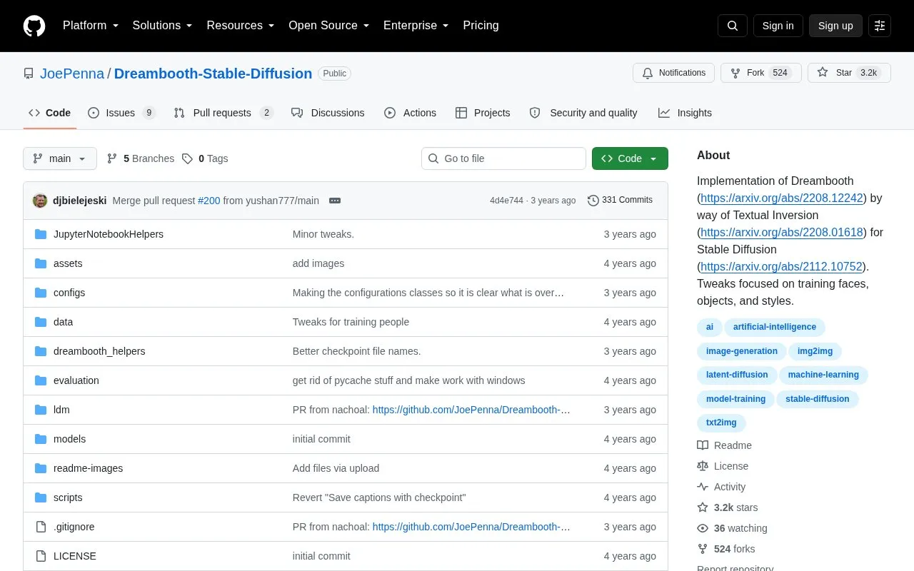JoePenna/Dreambooth-Stable-Diffusion homepage screenshot