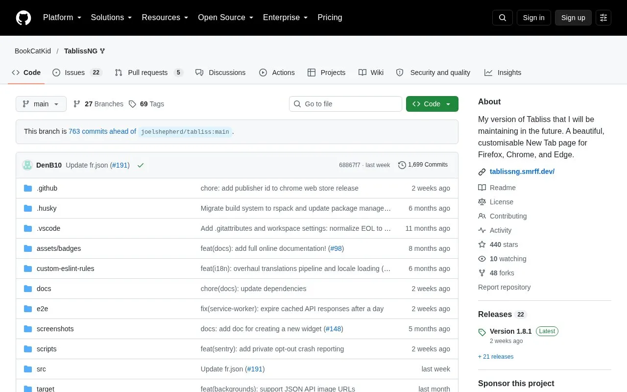 TablissNG homepage screenshot