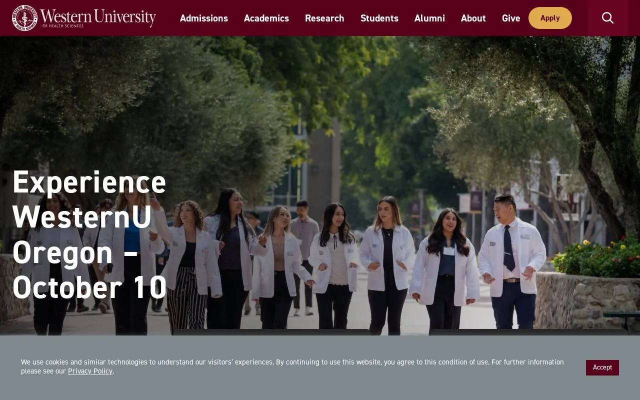 Western University of Health Sciences homepage screenshot