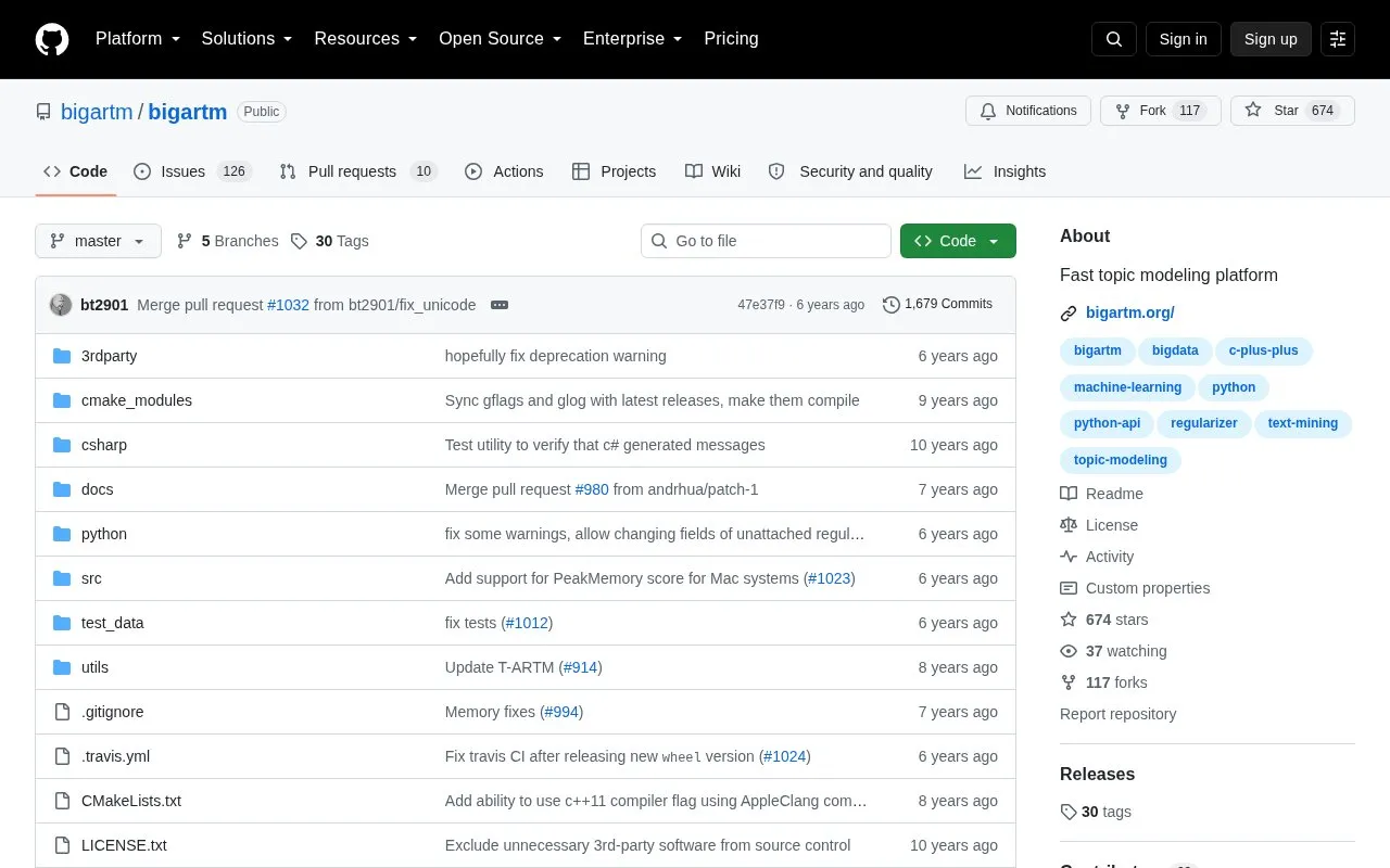 BigARTM homepage screenshot