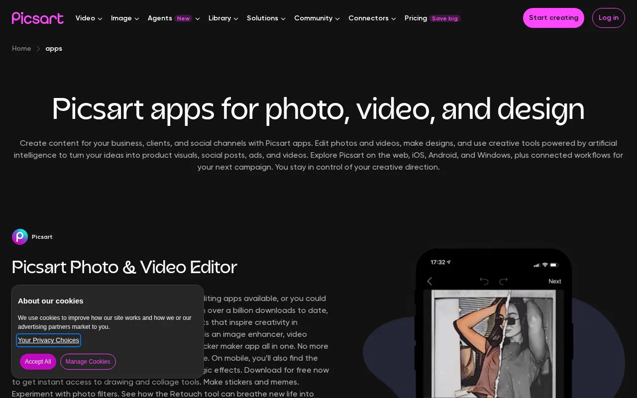 Picsart homepage screenshot