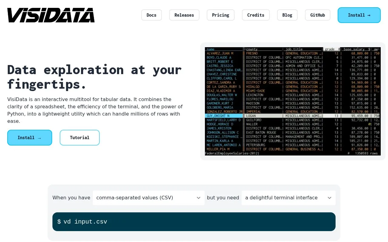 VisiData homepage screenshot