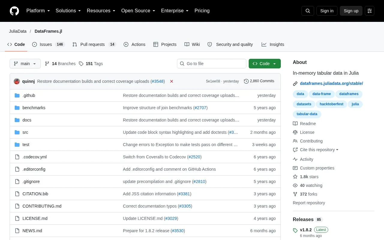 DataFrames homepage screenshot