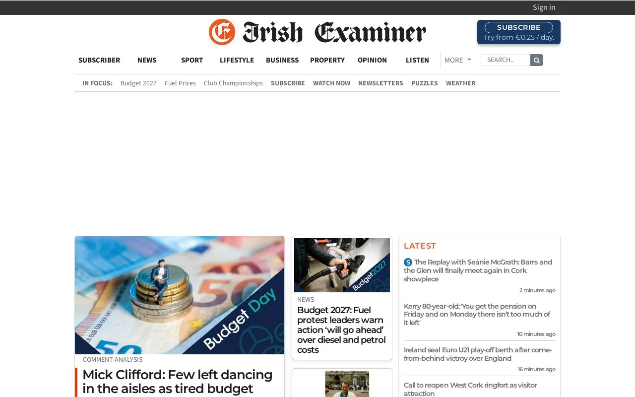 Irish Examiner homepage screenshot