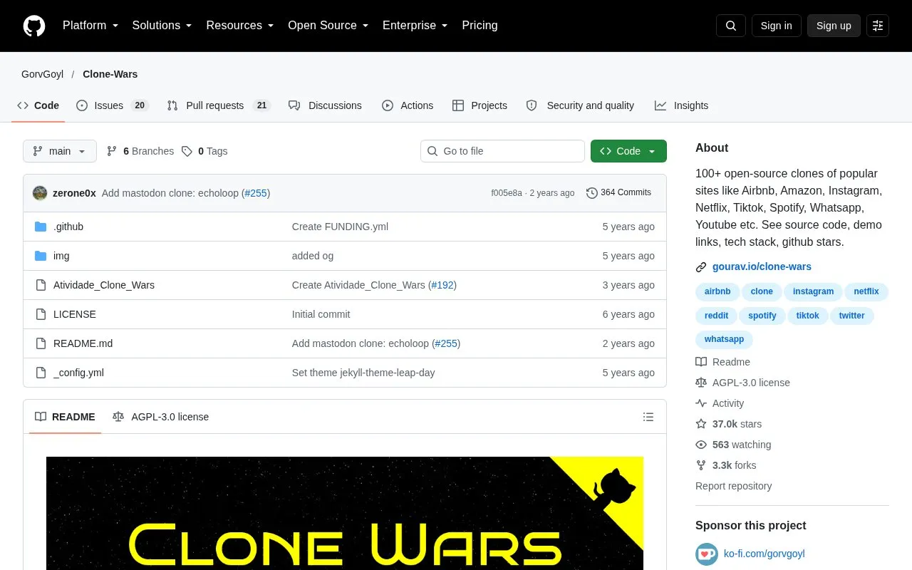 Clone Wars homepage screenshot