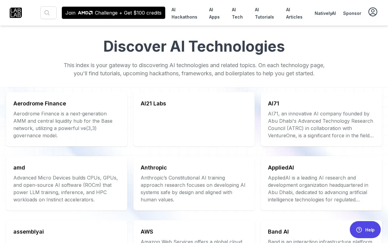 Technologies in LabLab homepage screenshot