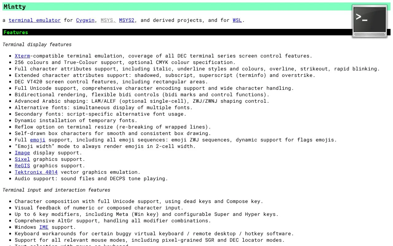 Mintty homepage screenshot