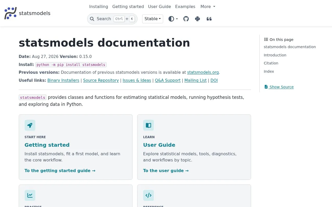Statsmodels homepage screenshot