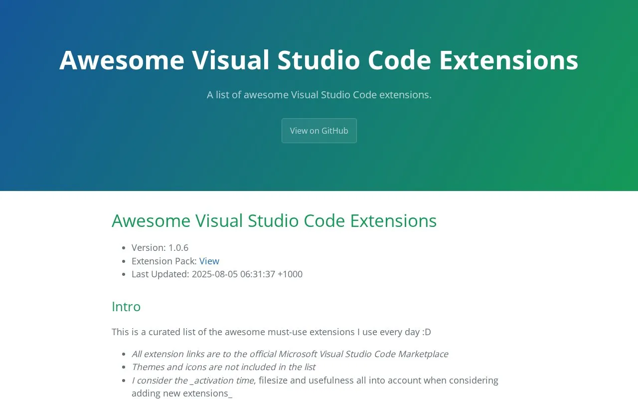 Awesome VSC Extensions homepage screenshot