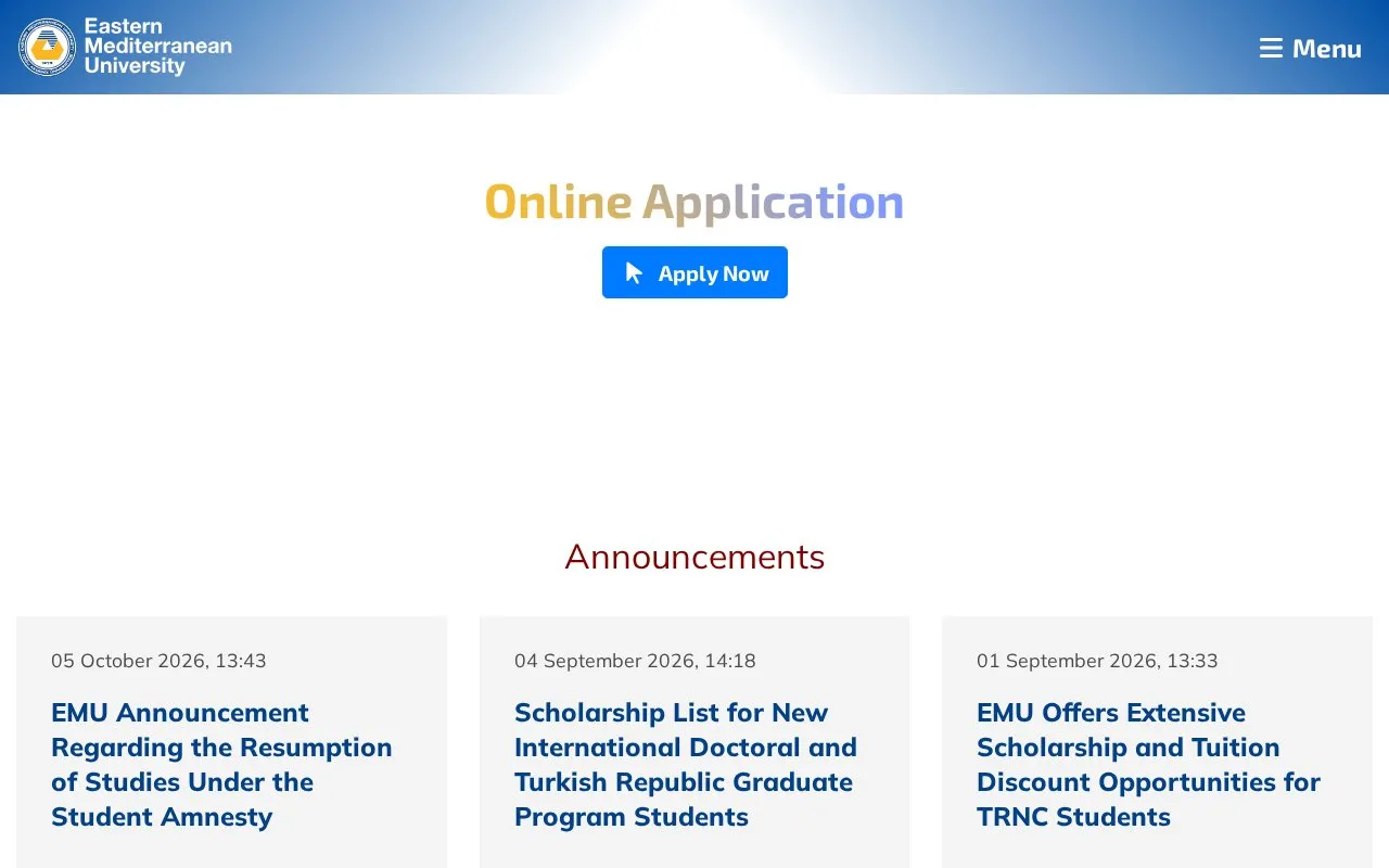 Eastern Mediterranean University homepage screenshot