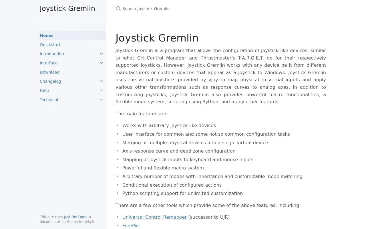JoystickGremlin homepage screenshot
