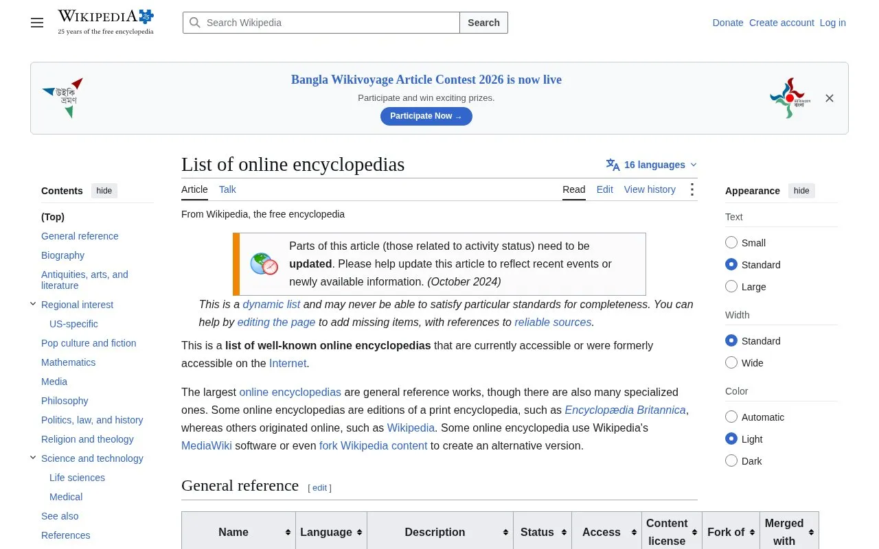 List of Encyclopedias homepage screenshot