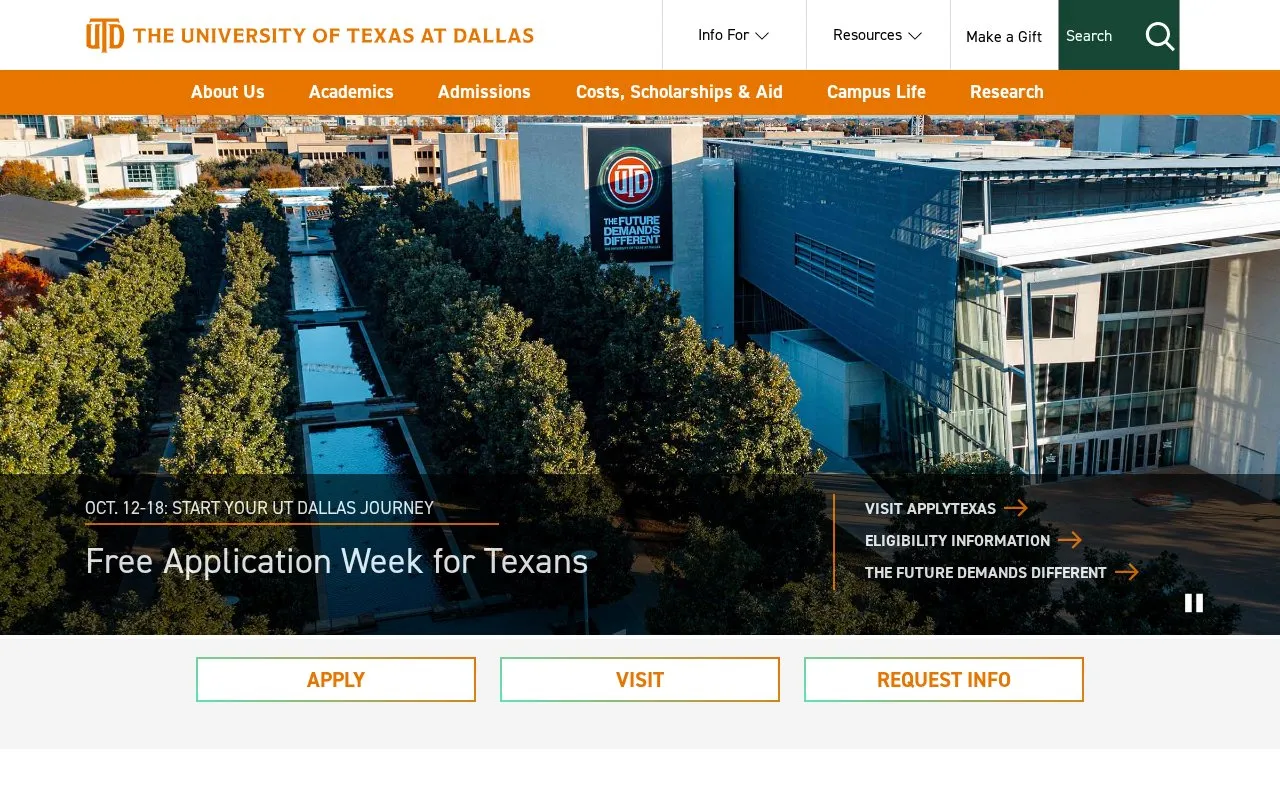 University of Texas, Dallas homepage screenshot