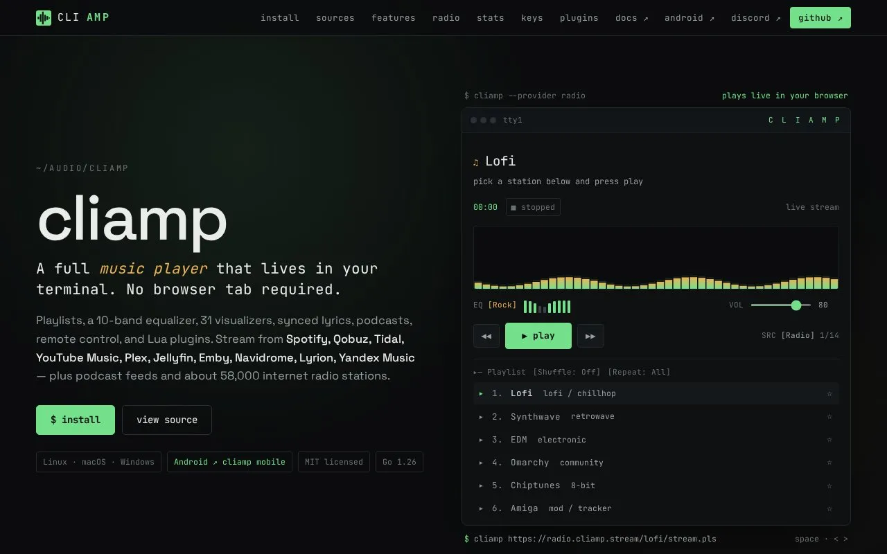 cliamp homepage screenshot
