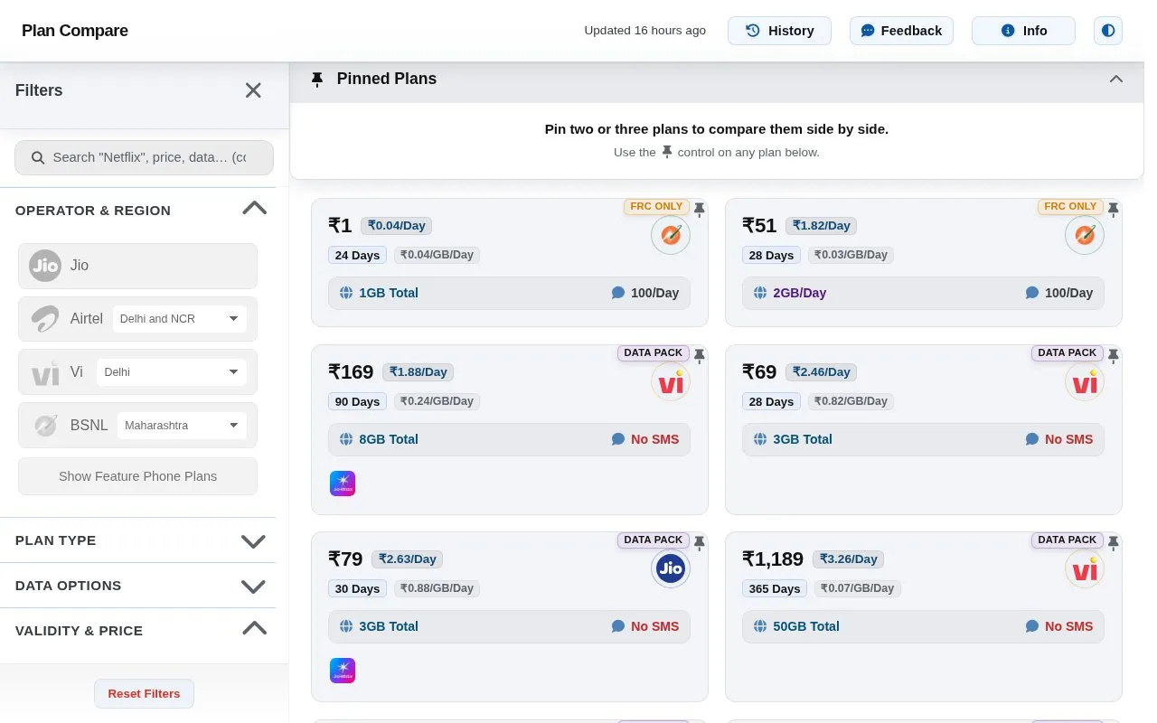 Plan Compare homepage screenshot