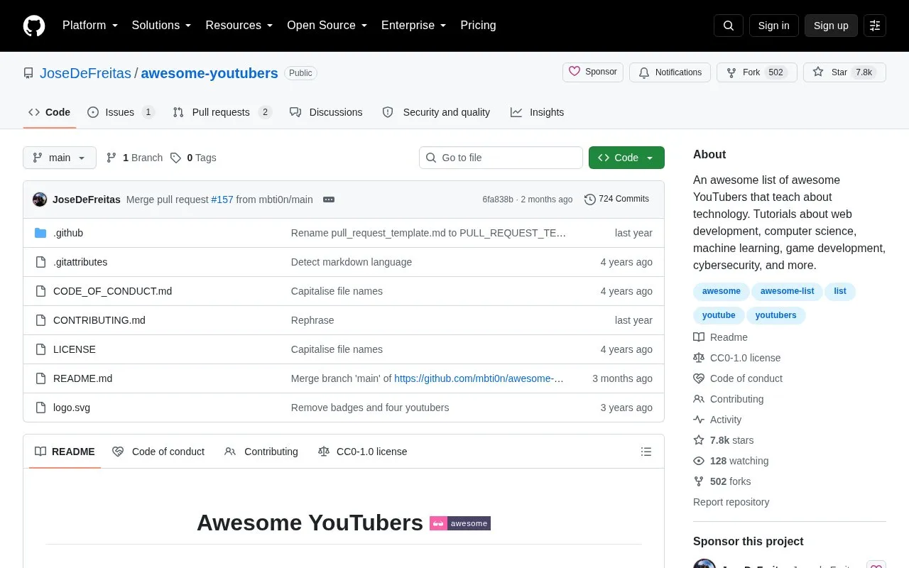 Awesome YouTubers homepage screenshot