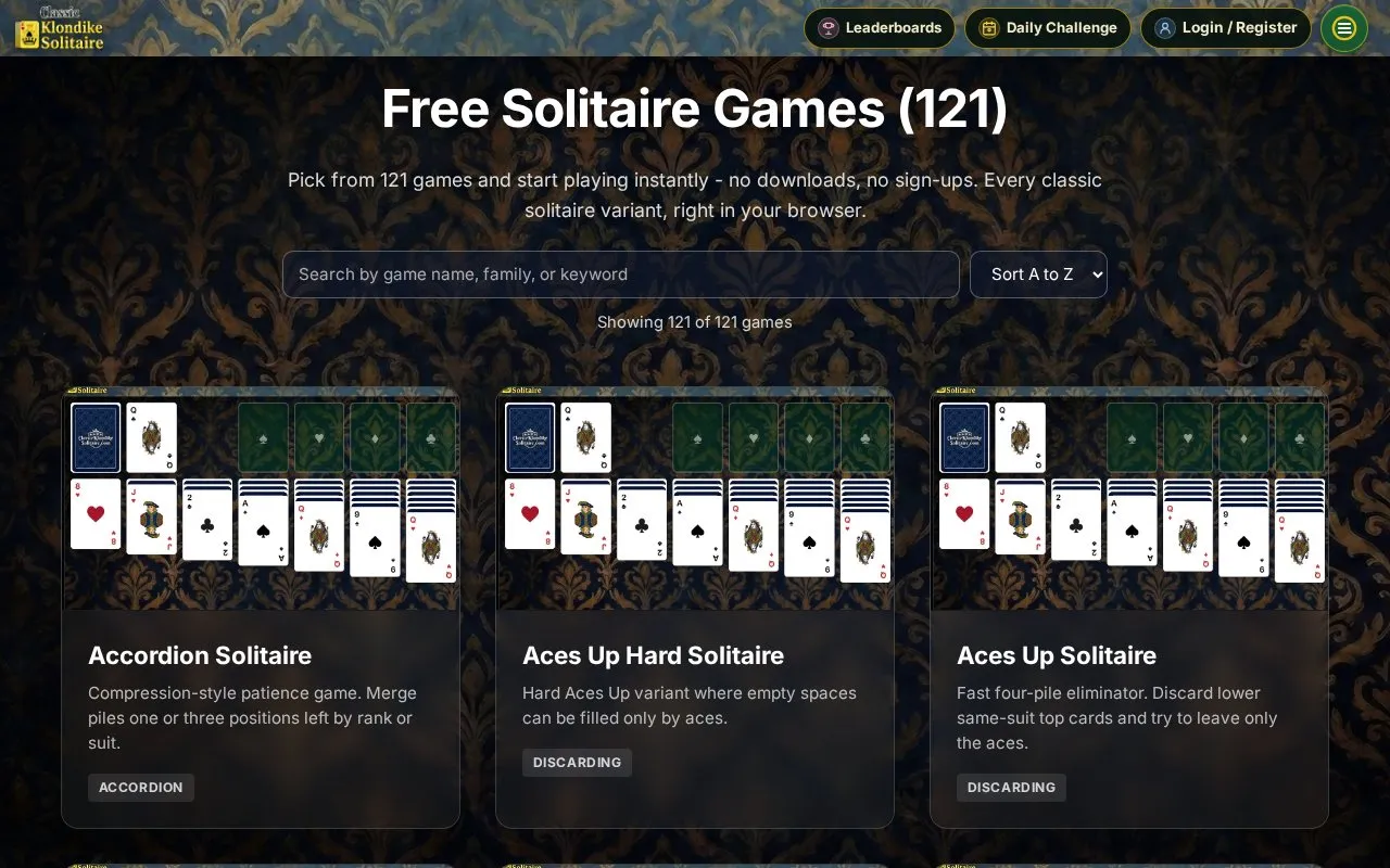 Classic Klondike Solitaire homepage screenshot