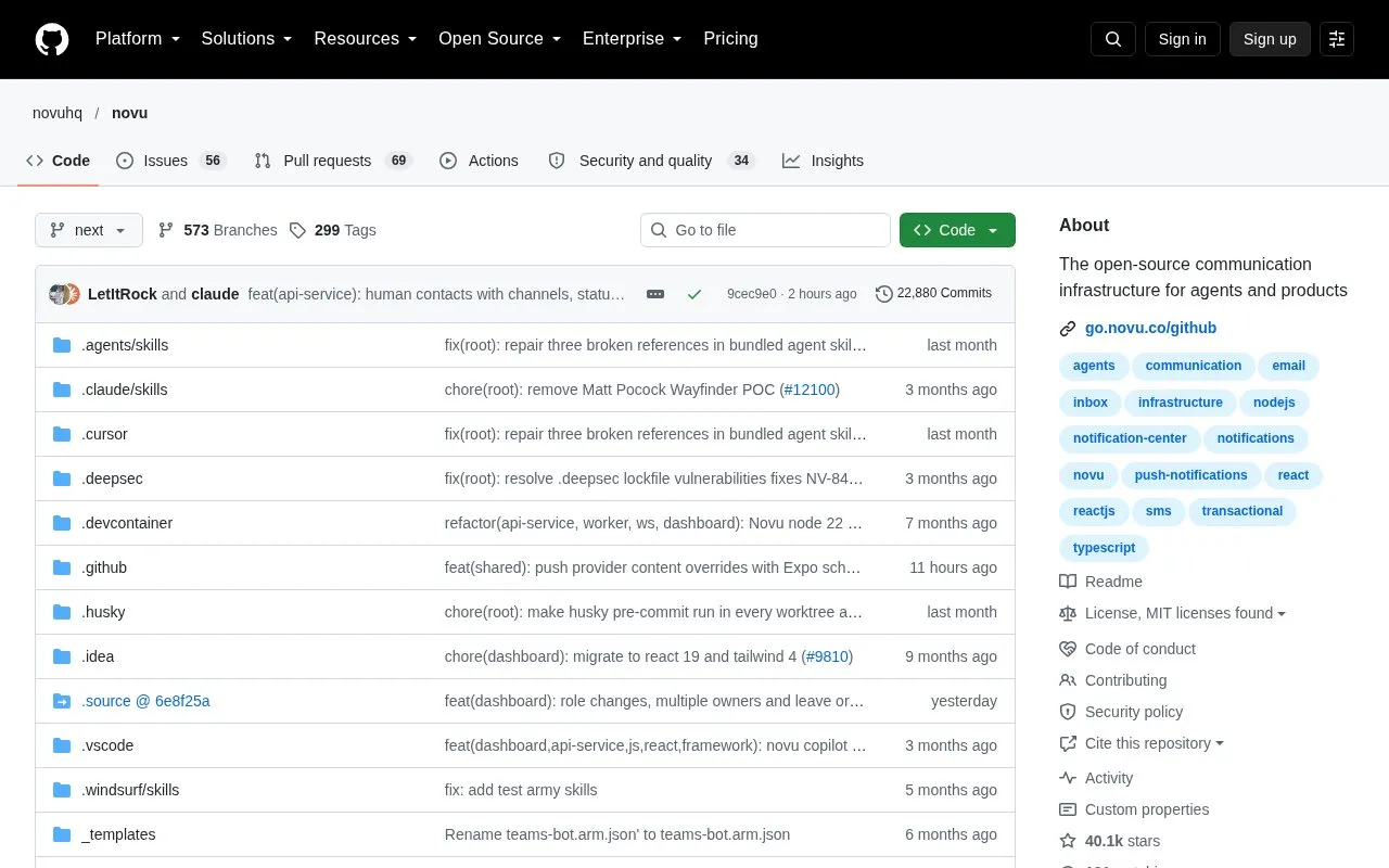 Novu homepage screenshot