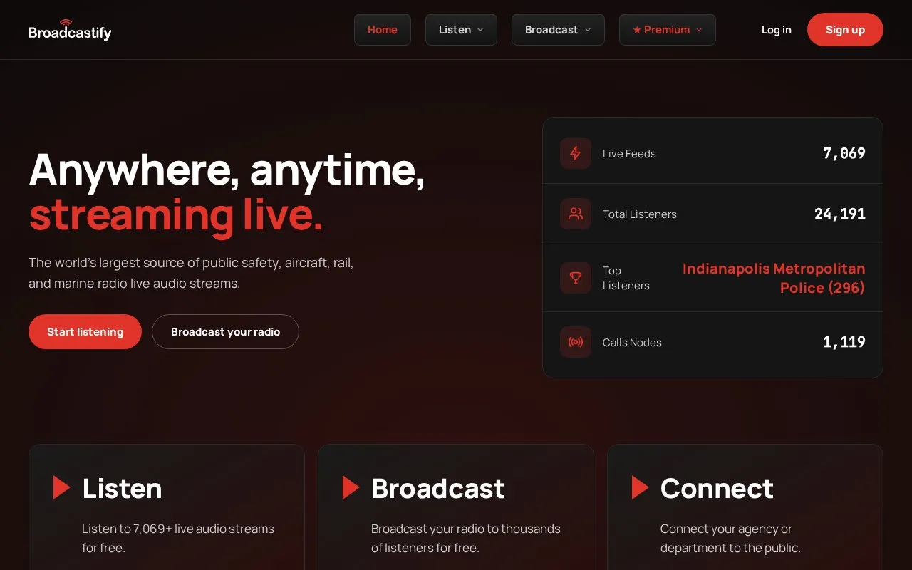Broadcastify homepage screenshot