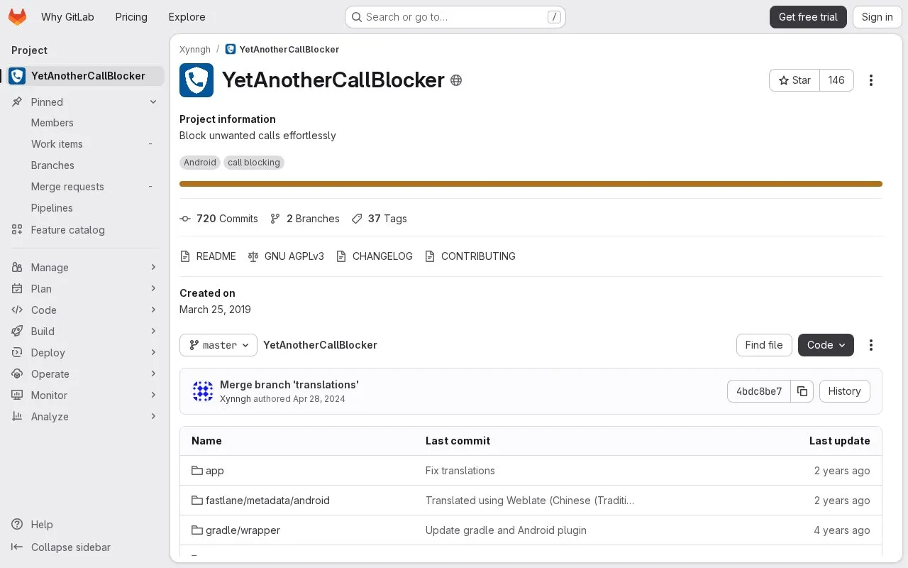 Yet Another Call Blocker homepage screenshot