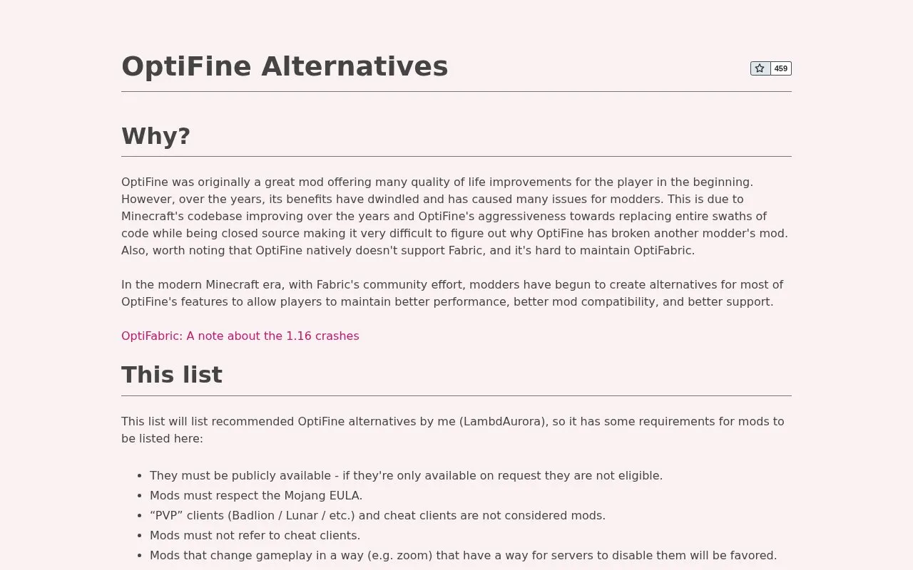 OptiFine Alternatives homepage screenshot