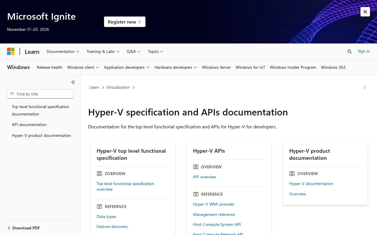 Hyper-V homepage screenshot
