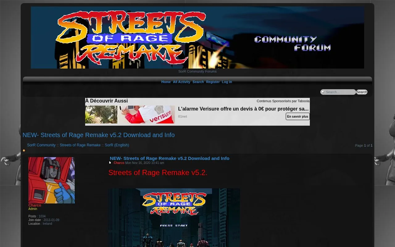 Streets of Rage Remake homepage screenshot