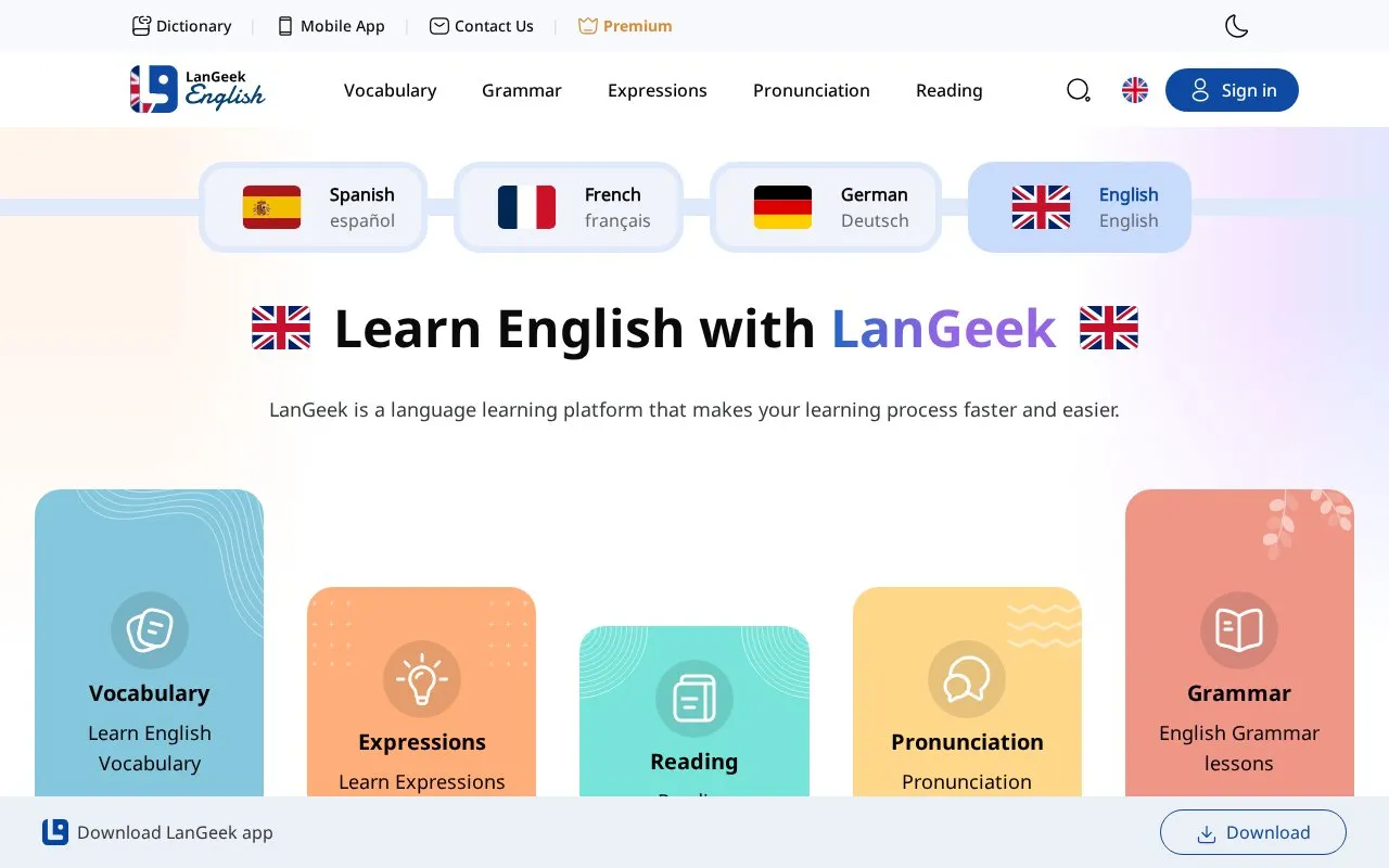 Langeek homepage screenshot