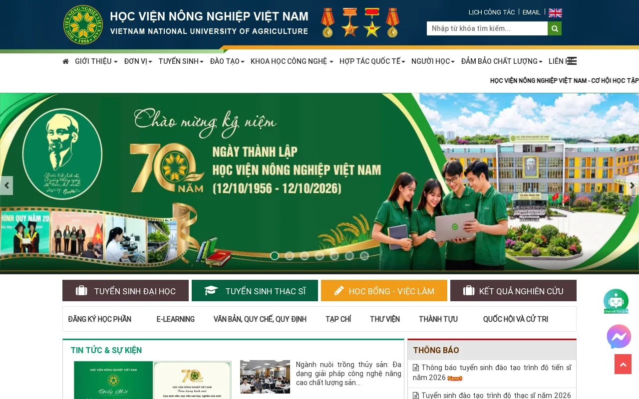 Vietnam National University of Agriculture homepage screenshot