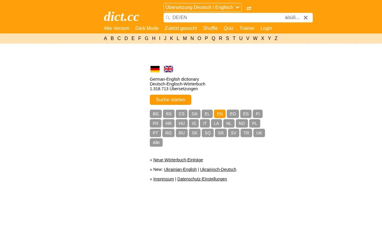 Dict.cc homepage screenshot