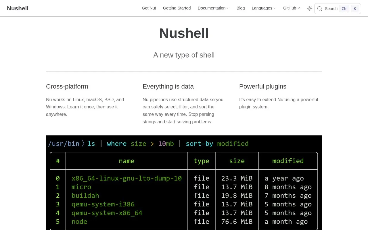 Nushell homepage screenshot