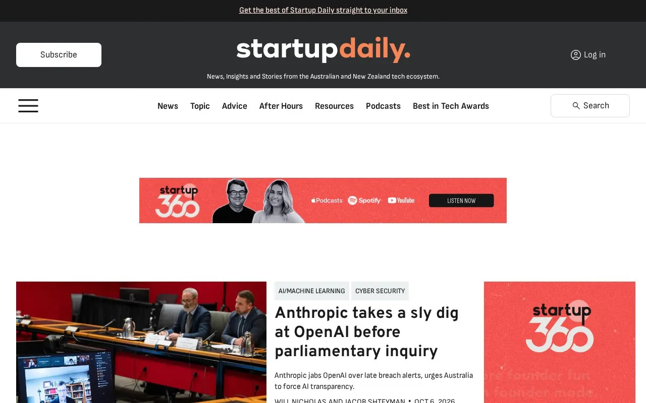 Startup Daily homepage screenshot