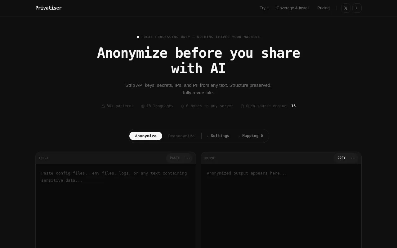 Privatiser homepage screenshot